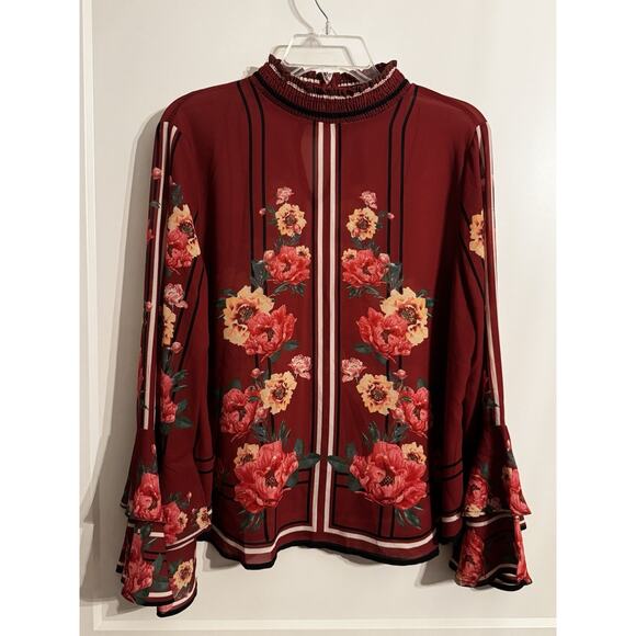Jealous Tomato Long Sleeve Floral Top Blouse Burgundy Academia Size L Office - Picture 1 of 9